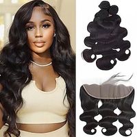 Body Wave Bundles Human Hair With Frontal(16 18 20  14Free Part) 100% Natural Human Hair Extensions 13x4 HD Transparent Lace Frontal With Black Body Wave Weave 3 Bundles Brazilian Real Human Hair Lightinthebox - thumbnail