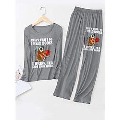 Women's Pajama Top and Pant Letter Warm Comfort Soft Home Daily Bed Spandex Warm Breathable Crew Neck Long Sleeve T shirt Tee Pant Fall Winter Lotus Pink Black Lightinthebox
