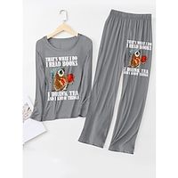 Women's Pajama Top and Pant Letter Warm Comfort Soft Home Daily Bed Spandex Warm Breathable Crew Neck Long Sleeve T shirt Tee Pant Fall Winter Lotus Pink Black Lightinthebox - thumbnail
