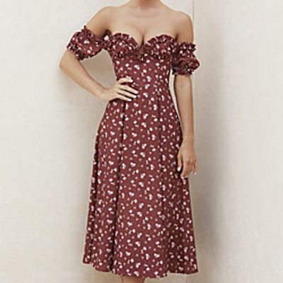 Women's A Line Dress Midi Dress Pink Wine Short Sleeve Floral Print Spring Summer Off Shoulder Stylish Casual Modern 2022 S M L XL XXL 3XL miniinthebox