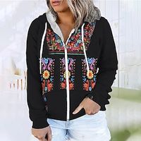 Women's Plus Size Tops Hoodie Sweatshirt Floral Zipper Print Long Sleeve Hooded Streetwear Daily Vacation Polyester Fall Winter Black / 3D Print miniinthebox - thumbnail
