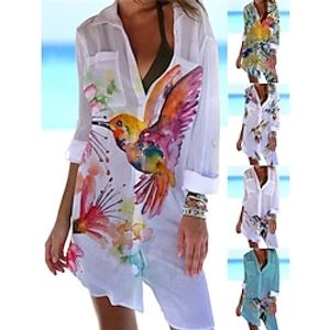 Women's Cover Up Beach Dress Beach Wear Mini Dress Pocket Print Fashion Casual Floral Turndown 3/4 Length Sleeve Loose Fit Outdoor Daily White Yellow 2023 Spring Summer S M L XL miniinthebox