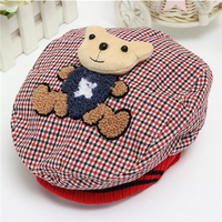 Kids Boys Girls Infant Cap Cotton Cute Bear Plaid Berets Hat Warm Hunting Sun Hat