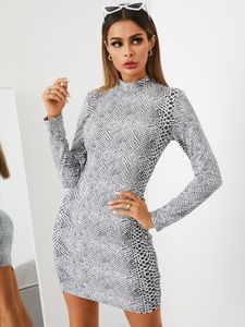 White Snakeskin High Neck Long Sleeves Dress
