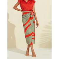 Satin Color Block Elastic Waist Midi Skirt