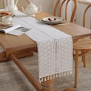 Boho White Table Runner with Tassels,Cotton Lace Table Decor for Wedding Bridal Shower Hollow Table Runners for Dining Room Farmhouse Party miniinthebox