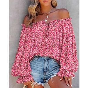 Women's Shirt Blouse Pink Floral Lace up Print Long Sleeve Casual Holiday Basic Off Shoulder Regular Floral S miniinthebox