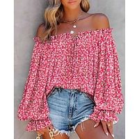 Women's Shirt Blouse Pink Floral Lace up Print Long Sleeve Casual Holiday Basic Off Shoulder Regular Floral S miniinthebox - thumbnail