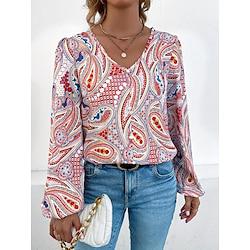 Women's Shirt Blouse Paisley Casual Holiday Orange Button Print Long Sleeve Fashion Boho V Neck Regular Fit Summer Spring Lightinthebox