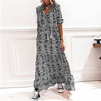 Women's Casual Dress Swing Dress Floral Dress Long Dress Maxi Dress Black Red Grey Long Sleeve Lace up Winter Fall Autumn V Neck Winter Dress Fall Dress Loose Fit 2022 S M L XL 2XL 3XL Lightinthebox