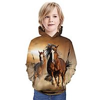 Kids Boys' Hoodie  Sweatshirt Long Sleeve Horse 3D Print Animal Unisex Brown Children Tops Summer Active Daily Wear Christmas Regular Fit 3-13 Years miniinthebox - thumbnail
