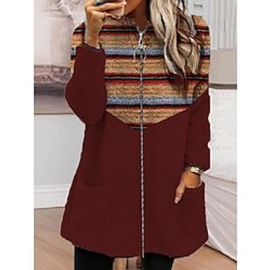 Women's Zip Hoodie Sweatshirt Fleece Jacket Fleece Teddy Fuzzy Pocket Zip Up Print Black Red Striped Loose Fit Casual Sports V Neck Long Sleeve Top Micro-elastic Fall  Winter Lightinthebox