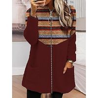 Women's Zip Hoodie Sweatshirt Fleece Jacket Fleece Teddy Fuzzy Pocket Zip Up Print Black Red Striped Loose Fit Casual Sports V Neck Long Sleeve Top Micro-elastic Fall  Winter Lightinthebox - thumbnail