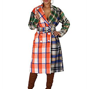 Women's Trench Coat Daily Fall Winter Long Coat Regular Fit Warm Casual Jacket Long Sleeve Plaid  Check Print Orange Lightinthebox