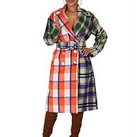 Women's Trench Coat Daily Fall Winter Long Coat Regular Fit Warm Casual Jacket Long Sleeve Plaid  Check Print Orange Lightinthebox - thumbnail