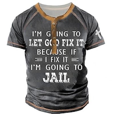 Men's Henley Shirt Tee T shirt Tee 3D Print Graphic Patterned Letter Henley Street Casual Patchwork Button-Down Short Sleeve Tops Designer Basic Essential Classic Comfortable Black Blue Gray  Summer Lightinthebox