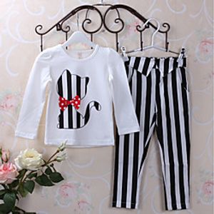 Kids Toddler Girls' T-shirt  Pants Clothing Set 2 Pieces Long Sleeve White Cat Animal Bow Print Daily Wear Basic Cute 2-6 Years miniinthebox