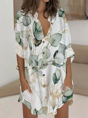 Straight Fit Outdoor Fashion Vacation Casual Print V Neck Button Pocket Shift Dresses