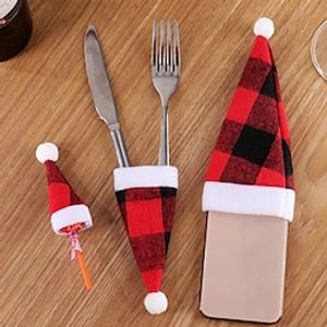 Christmas Decoration Christmas Hat Plaid Hat Christmas Hat Knife And Fork Set Christmas Wine Bottle Set Home Tableware Set miniinthebox