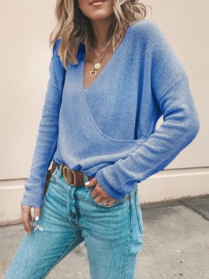Crossed Front Design Knit V-neck Long Sleeves Knit Top