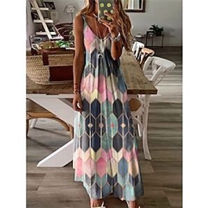 Women's Casual Dress Summer Dress Geometric Color Block Print Strap Long Dress Maxi Dress Bohemia Maxi Holiday Vacation Sleeveless Regular Fit Pink Purple Orange Summer S M L XL 2XL Lightinthebox