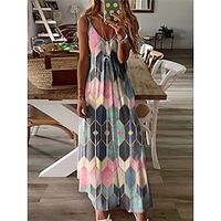 Women's Casual Dress Summer Dress Geometric Color Block Print Strap Long Dress Maxi Dress Bohemia Maxi Holiday Vacation Sleeveless Regular Fit Pink Purple Orange Summer S M L XL 2XL Lightinthebox