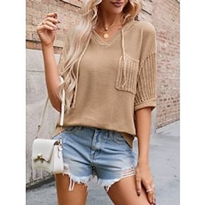 Women's Pullover Sweater Jumper V Neck Ribbed Knit Polyester Knitted Fall Winter Regular Outdoor Daily Going out Stylish Casual Soft Half Sleeve Solid Color Black Blue Green S M L Lightinthebox