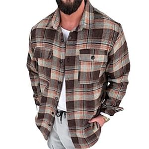 Men's Coat With Pockets Daily Wear Vacation Going out Single Breasted Turndown Streetwear Casual Daily Outdoor Jacket Outerwear Plaid Print Khaki Lightinthebox