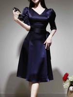New Korean style elegant temperament V-neck lace-up waist mid-length fashion big skirt dress women