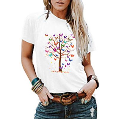 Women's Butterfly T shirt Graphic Butterfly Print Round Neck Basic Tops 100% Cotton White Black Khaki Lightinthebox