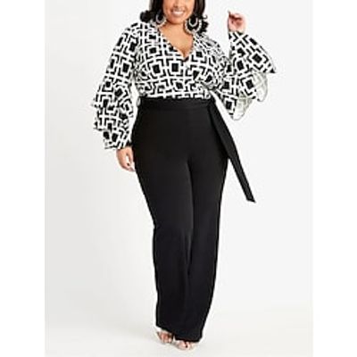 Women's Jumpsuit Lace up Patchwork Plaid V Neck Streetwear Daily Going out Regular Fit Long Sleeve Flare Cuff Sleeve Black XL XXL 3XL Fall miniinthebox