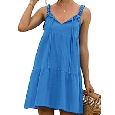 Women's A Line Dress Short Mini Dress Blue Sleeveless Solid Color Ruched Spring Summer V Neck Elegant Casual Linen S M L XL XXL 3XL Lightinthebox Women's A Line Dress Short Mini Dress Blue Sleeveless Solid Color Ruched Spring Summer V Neck Elegant Casual Linen S M L XL XXL 3XL Lightinthebox