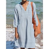 Women's Linen Dress Cotton Summer Dress Midi Dress Basic Daily Vacation V Neck 3/4 Length Sleeve Summer Spring Black Blue Plain Lightinthebox