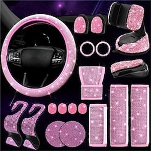19 Pack Bling Car Accessories for Women, Steering Wheel Cover Universal Fit 14-15 Inch, Bling Car Seat Belt Covers, Bling Gear Shift Cover, Bling Phone Holder, Rhinestone Cup Coasters miniinthebox