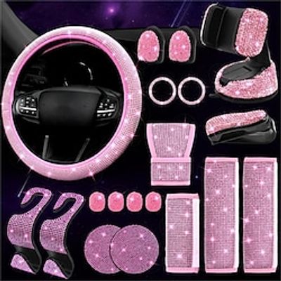 19 Pack Bling Car Accessories for Women, Steering Wheel Cover Universal Fit 14-15 Inch, Bling Car Seat Belt Covers, Bling Gear Shift Cover, Bling Phone Holder, Rhinestone Cup Coasters miniinthebox