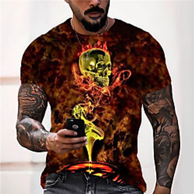 Men's Unisex T shirt 3D Print Graphic Prints Skull Skeleton Crew Neck Daily Holiday Print Short Sleeve Tops Casual Designer Big and Tall Brown / Summer miniinthebox