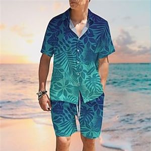 Men's Shirt Set Graphic Prints Leaves Turndown Green Blue 3D Print Street Casual Short Sleeve Print Clothing Apparel Tropical Fashion Designer Hawaiian Lightinthebox