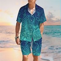 Men's Shirt Set Graphic Prints Leaves Turndown Green Blue 3D Print Street Casual Short Sleeve Print Clothing Apparel Tropical Fashion Designer Hawaiian Lightinthebox - thumbnail