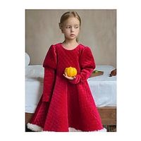 Kids Girls' Dress Solid Color Long Sleeve Casual Adorable Daily Polyester Midi Velvet Dress Spring Fall Winter 3-10 Years Red Lightinthebox - thumbnail