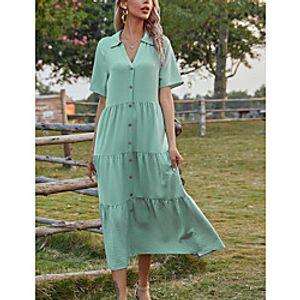 Women's Swing Dress Midi Dress Green Short Sleeve Print Patchwork Print Fall Summer V Neck Casual 2021 XS S M L XL Lightinthebox