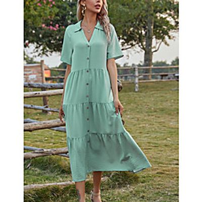 Women's Swing Dress Midi Dress Green Short Sleeve Print Patchwork Print Fall Summer V Neck Casual 2021 XS S M L XL Lightinthebox