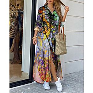 Women's Shirt Dress Maxi long Dress Yellow Long Sleeve Print Color Block Print Spring Summer Shirt Collar Casual 2021 S M L XL XXL 3XL Lightinthebox