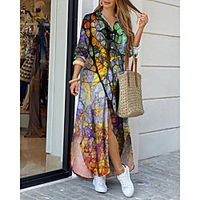 Women's Shirt Dress Maxi long Dress Yellow Long Sleeve Print Color Block Print Spring Summer Shirt Collar Casual 2021 S M L XL XXL 3XL Lightinthebox - thumbnail