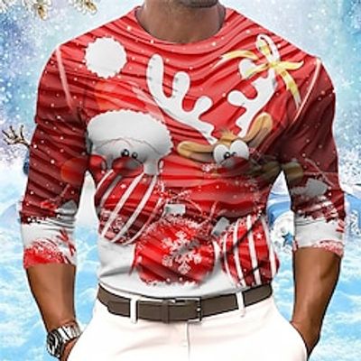 Graphic Elk Merry Christmas Fashion Designer Casual Men's 3D Print T shirt Tee Sports Outdoor Holiday Going out Christmas T shirt Blue Red  White Green Long Sleeve Crew Neck Shirt Spring   Fall Lightinthebox