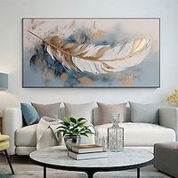 Handmade Oil Painting Canvas Wall Art Decoration Modern Abstract Light Luxury Golden Feather for Home Living Room Horizontal Decor Rolled Frameless Unstretched Painting Lightinthebox