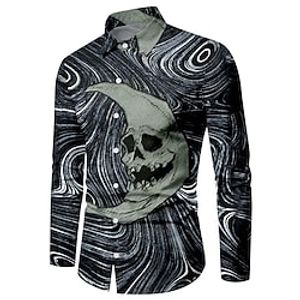 Men's Shirt Graphic Shirt Skull Moon Turndown Blue 3D Print Outdoor Halloween Long Sleeve Button-Down Print Clothing Apparel Vintage Cool Designer Casual miniinthebox
