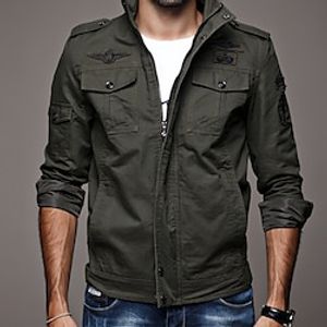 Men's Outdoor Jacket Bomber Jacket Outdoor Daily Wear Warm Zipper Pocket Fall Winter Plain Fashion Streetwear Standing Collar Regular Black Dark Green Khaki Jacket Lightinthebox