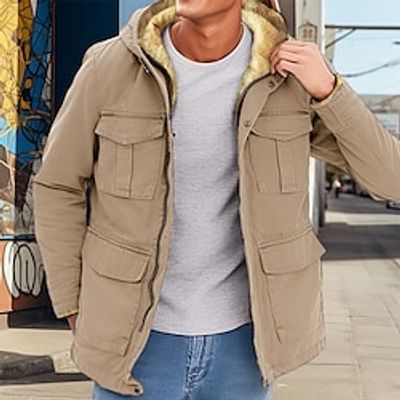 Men's Fleece Jacket Cargo Jacket Hoodie Jacket Outdoor Daily Wear Warm Zipper Pocket Winter Plain Fashion Streetwear Hooded Regular Black Khaki Army Green Gray Jacket Lightinthebox