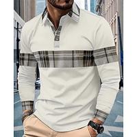 Men's Waffle Polo Shirt Golf Shirt Work Casual Lapel Long Sleeve Basic Modern Plaid Color Block Patchwork Button Spring Fall Regular Fit Black White Blue Khaki Waffle Polo Shirt Lightinthebox