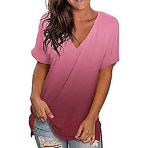 trish lucia womens gradient color t shirts short sleeve casual v neck loose fit tunic blouse summmer tops tee pink Lightinthebox